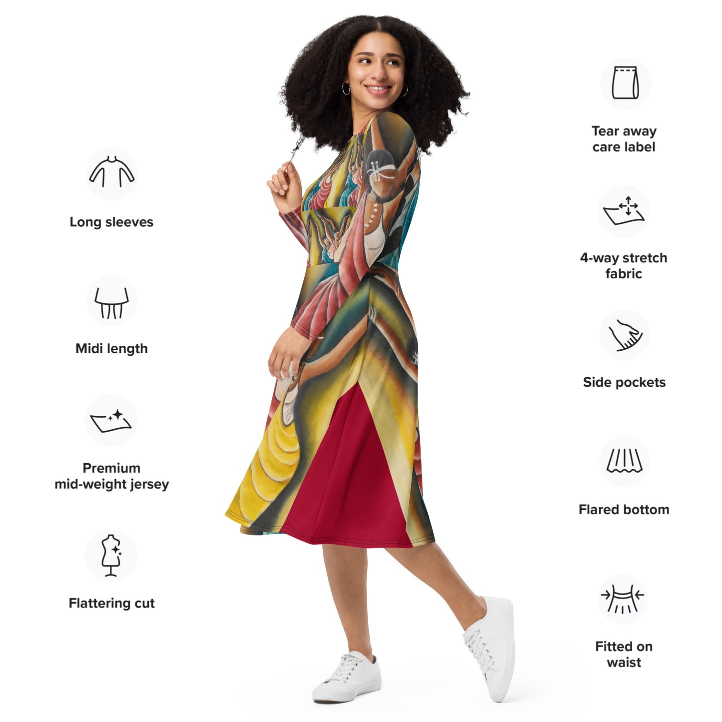 RwandaRenaissance Midi Dress - Elegance in Motion - Featuring 'Angelic Amaraba Dancers' from an original oil painting by Dio. Exclusive to RwandaRenaissance - red