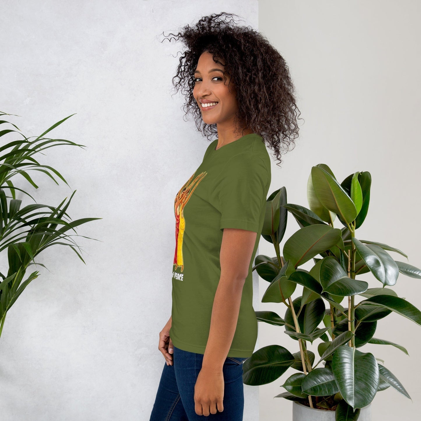 RwandaRenaissance T-Shirt 'The Art of Peace' - Angelic Amaraba Dance. From an original oil painting by Diodey. Exclusive to RwandaRenaissance. Olive