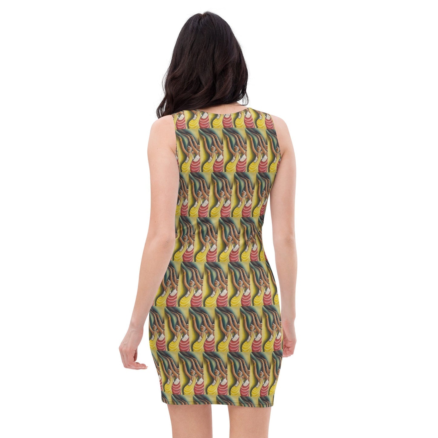 RwandaRenaissance Bodycon Dress - Elegance in Motion - Featuring elegant 'Amaraba Dancers' from an original oil painting by Diodey. Exclusive to RwandaRenaissance