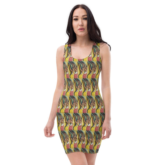 RwandaRenaissance Bodycon Dress - Elegance in Motion - Featuring elegant 'Amaraba Dancers' from an original oil painting by Diodey. Exclusive to RwandaRenaissance