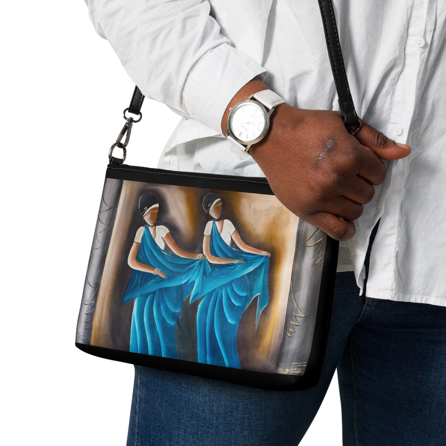 RwandaRenaissance Faux Leather Crossbody Bag - Sisters in Blue Costume