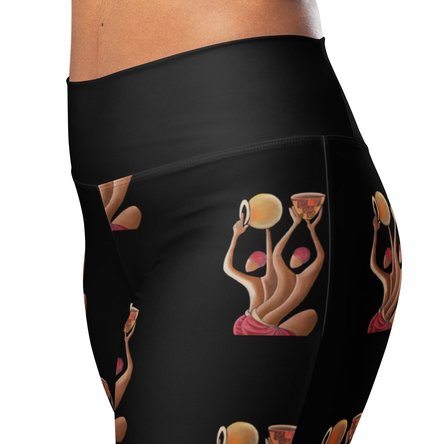 RwandaRenaissance Flare Leggings - Unity and Peace - Featuring 'Pot makers' from an original oil painting by Diodey. Exclusive to RwandaRenaissance