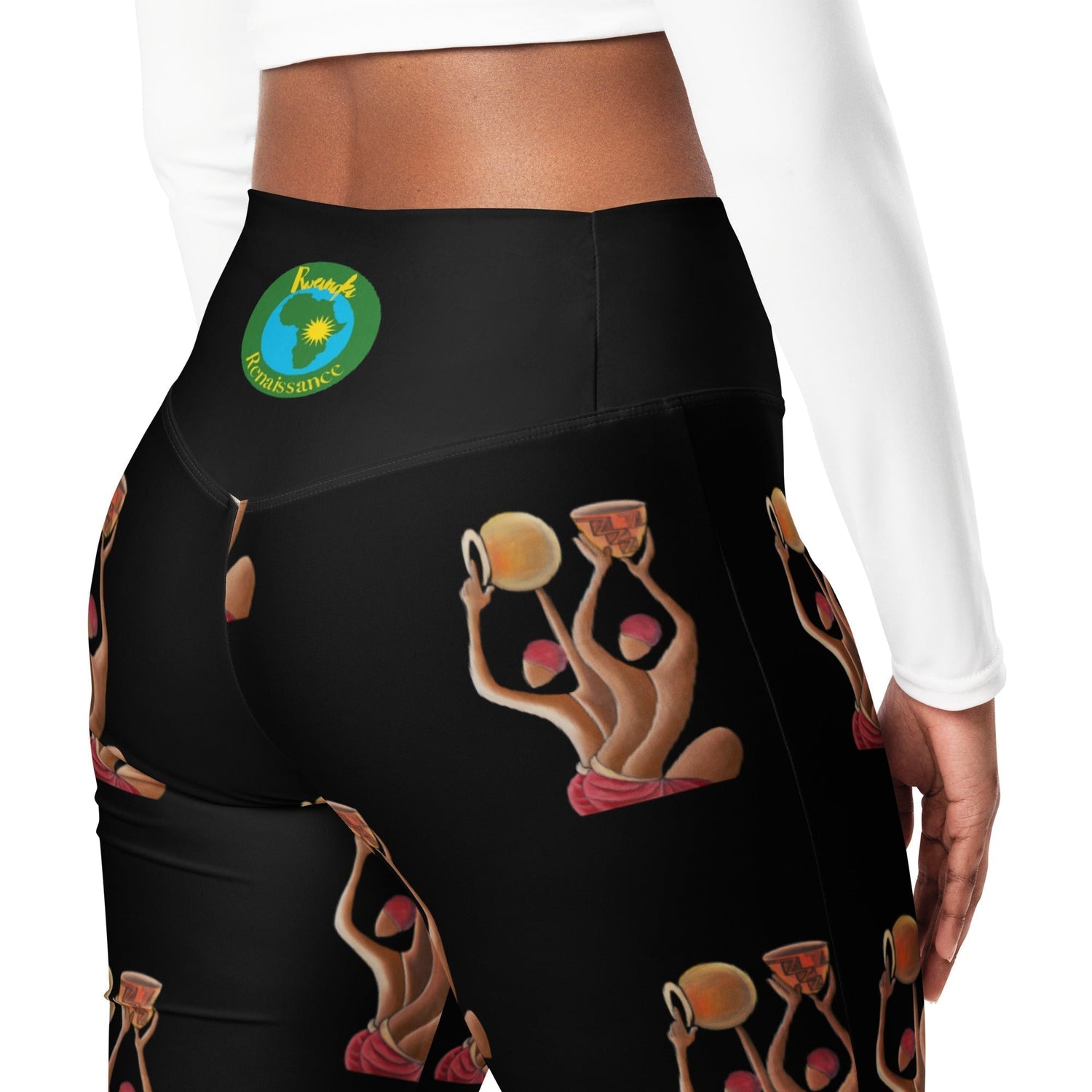 RwandaRenaissance Flare Leggings - Unity and Peace - Featuring 'Pot makers' from an original oil painting by Diodey. Exclusive to RwandaRenaissance