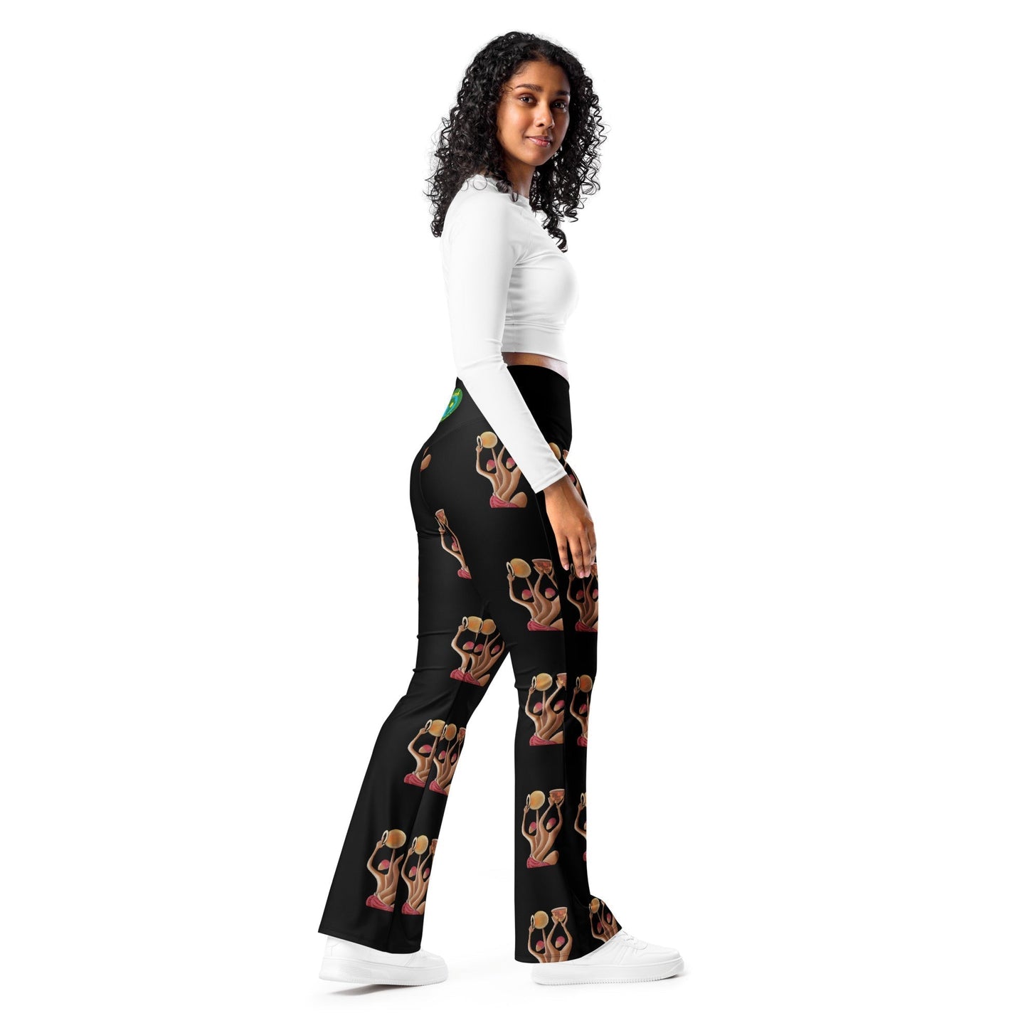 RwandaRenaissance Flare Leggings - Unity and Peace - Featuring 'Pot makers' from an original oil painting by Diodey. Exclusive to RwandaRenaissance