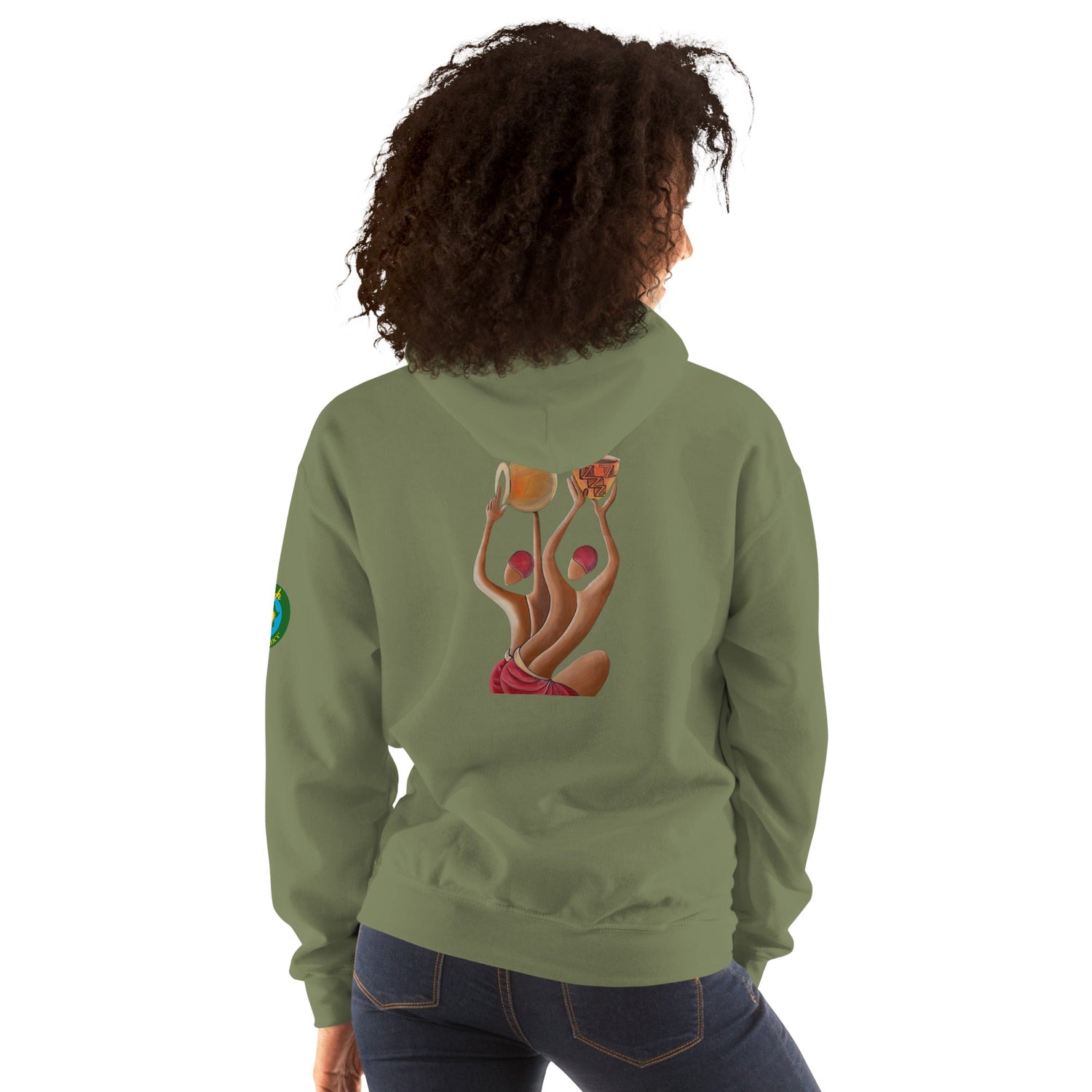 RwandaRenaissance Hoodie - Unity and Peace - Pot Makers | Back Artwork in Military Green