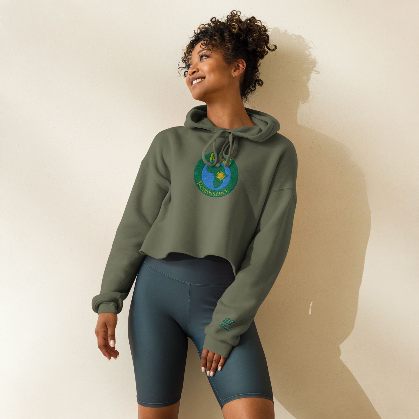 RwandaRenaissance Limited-First Edition Crop Top Hoodie – Amaraba Dancers | Embroidered Front Logo & Sleeve in Military Green