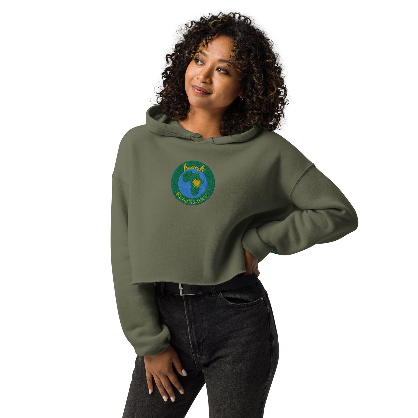 RwandaRenaissance Limited-First Edition Crop Top Hoodie – Amaraba Dancers | Embroidered Front Logo & Sleeve in Military Green