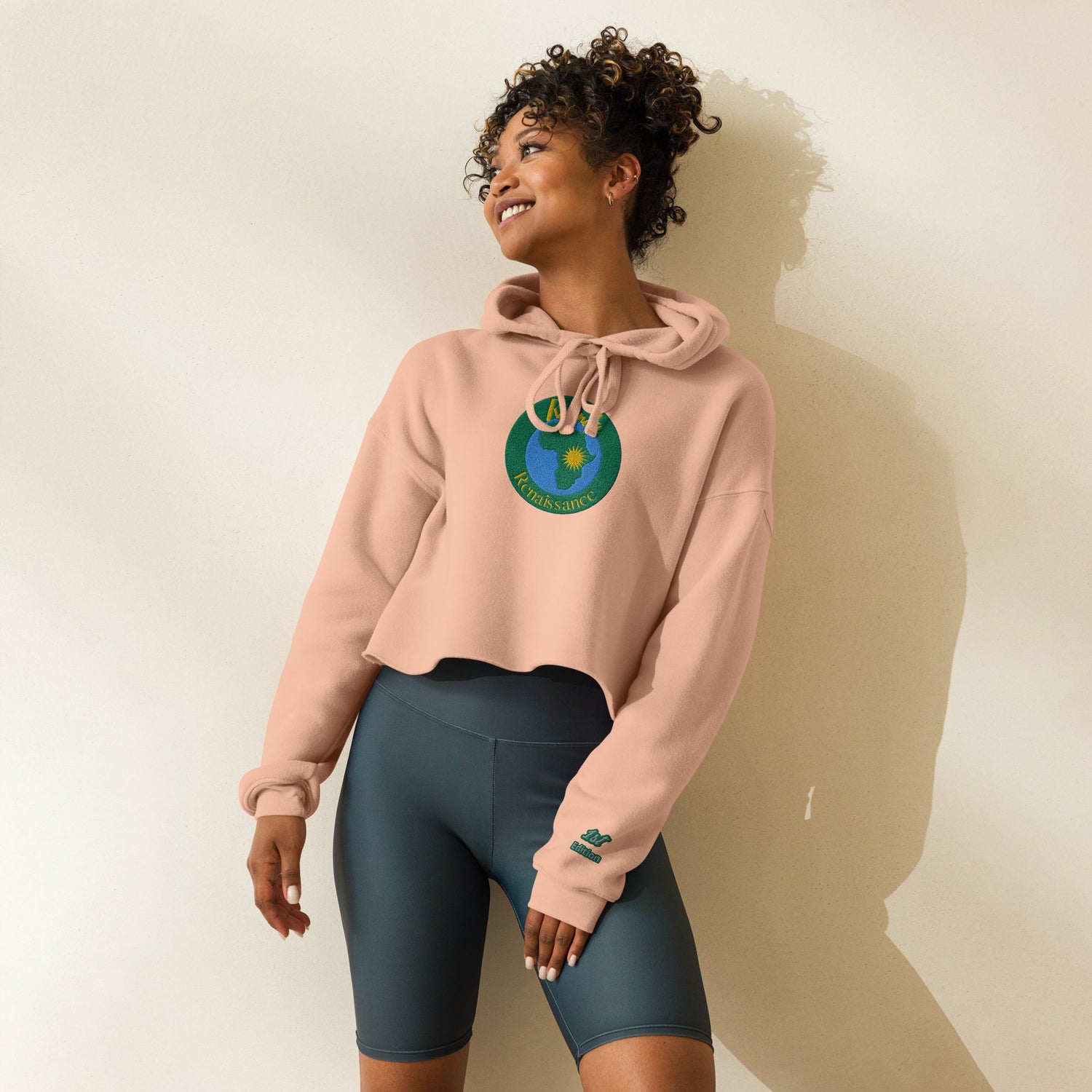 RwandaRenaissance Limited-First Edition Crop Top Hoodie – Amaraba Dancers | Embroidered Front Logo & Sleeve in Peach