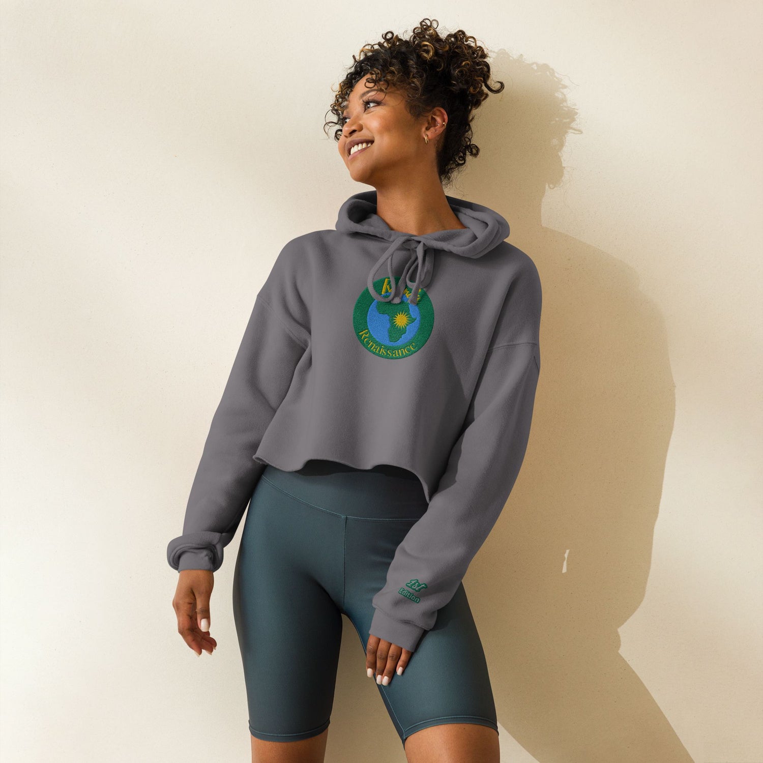 RwandaRenaissance Limited-First Edition Crop Top Hoodie – Amaraba Dancers | Embroidered Front Logo & Sleeve in Storm