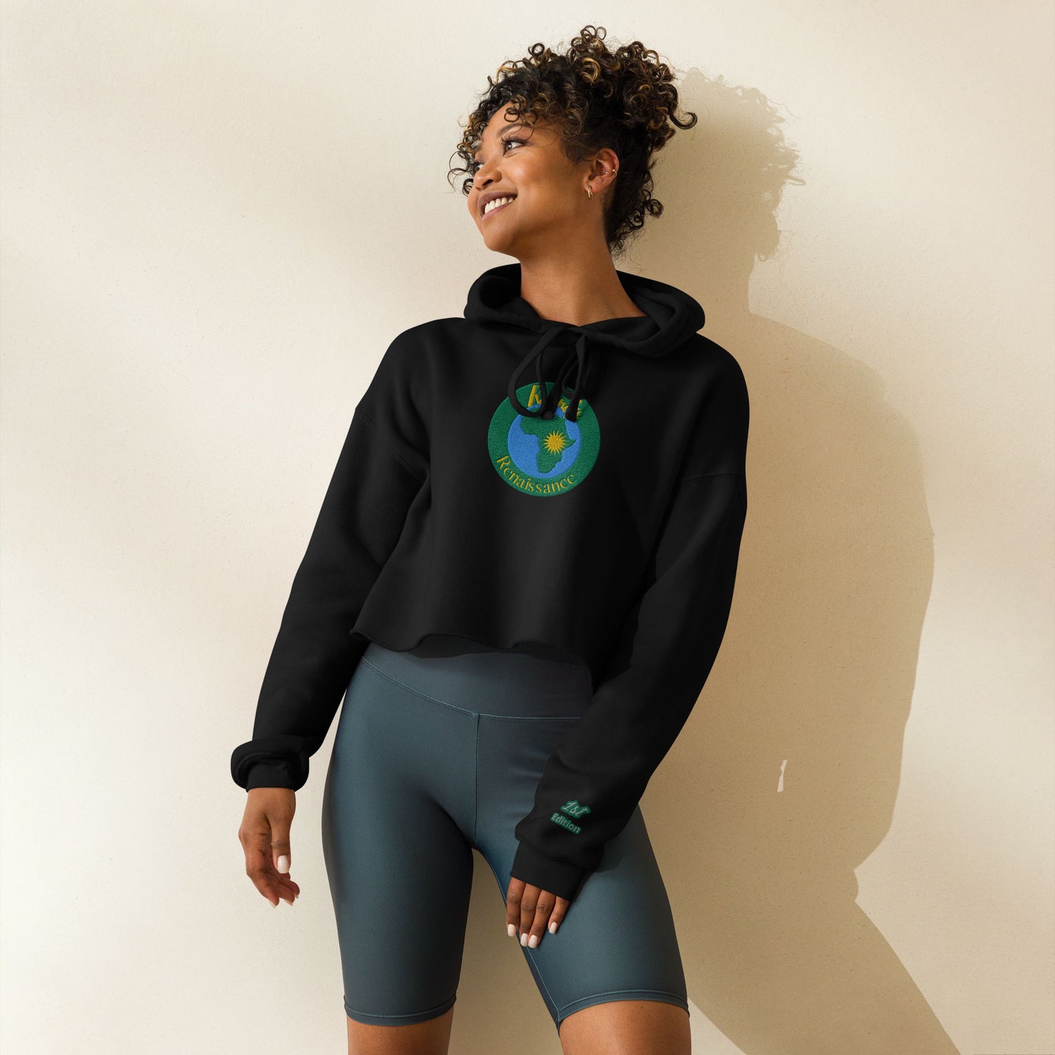 RwandaRenaissance Limited-First Edition Crop Top Hoodie – Pot Makers | Embroidered Front Logo & Sleeve in Black