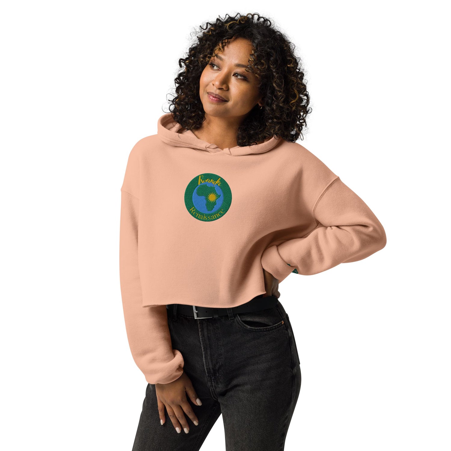 RwandaRenaissance Limited-First Edition Crop Top Hoodie – Pot Makers | Embroidered Front Logo & Sleeve in Peach