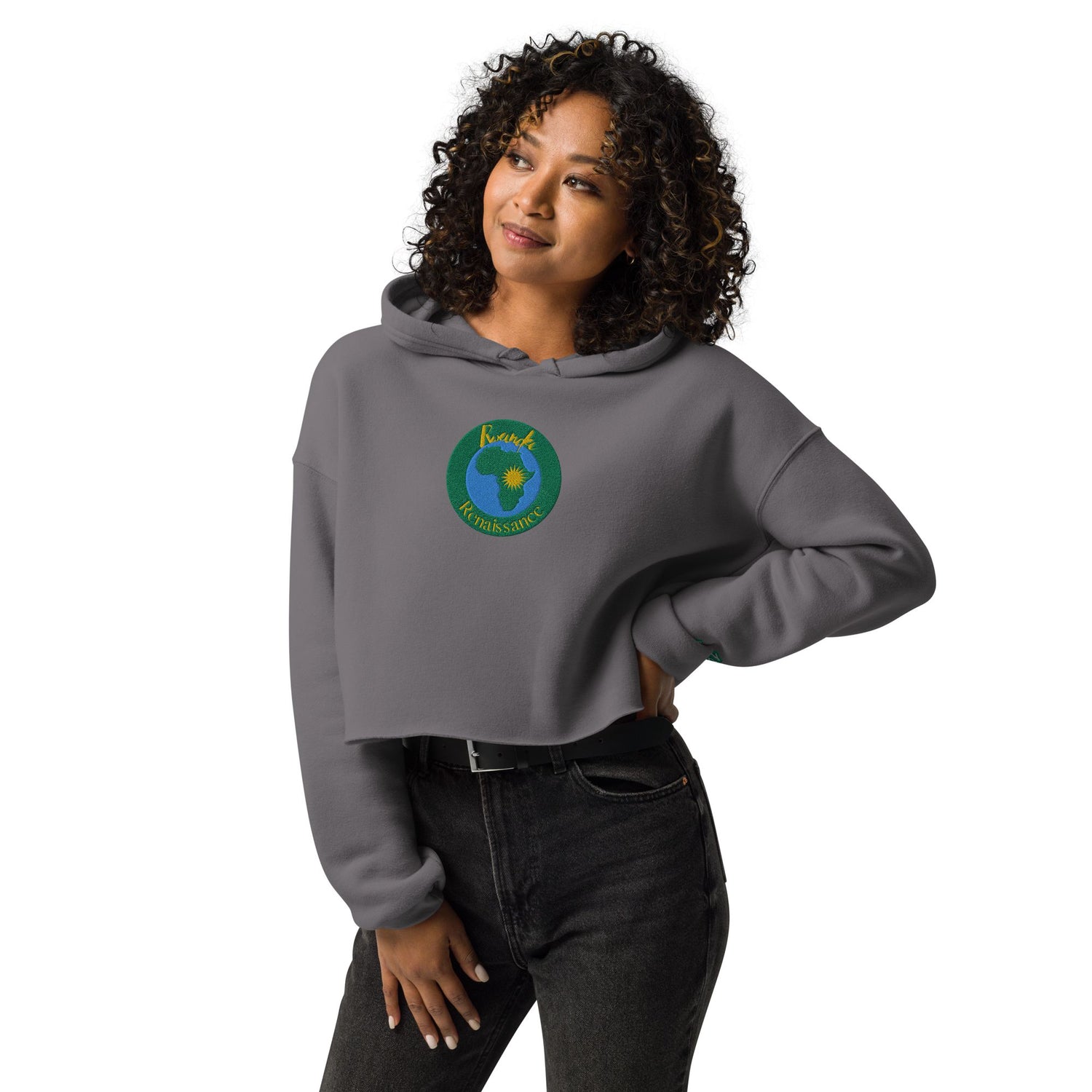 RwandaRenaissance Limited-First Edition Crop Top Hoodie – Pot Makers | Embroidered Front Logo & Sleeve in Storm