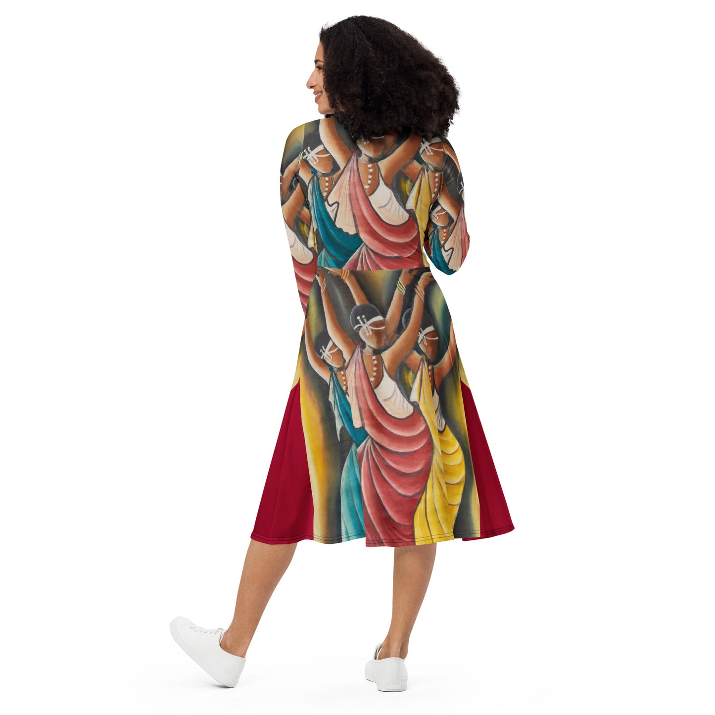 RwandaRenaissance Midi Dress - Elegance in Motion - Featuring 'Angelic Amaraba Dancers' from an original oil painting by Dio. Exclusive to RwandaRenaissance - red 