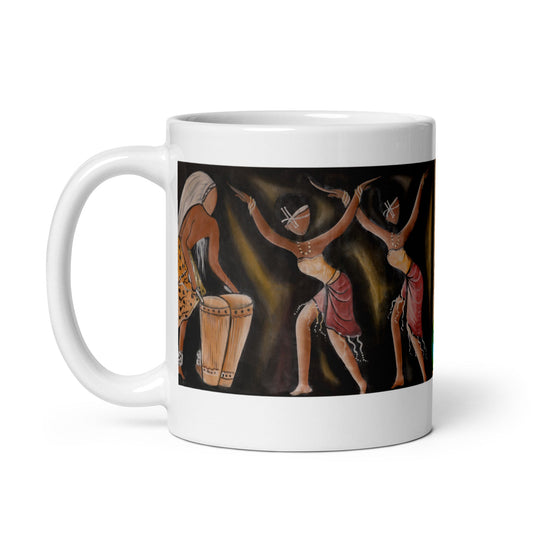 RwandaRenaissance Mug - Rhythmic Vibrance - Amaraba Dancers with Drummer. From an original oil painting by Diodey. Exclusive to RwandaRenaissance. 11 oz