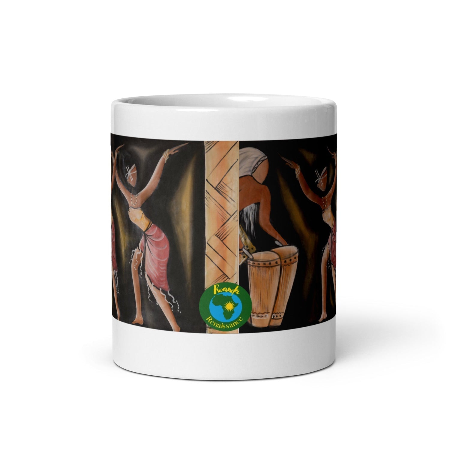 RwandaRenaissance Mug - Rhythmic Vibrance - Amaraba Dancers with Drummer. From an original oil painting by Diodey. Exclusive to RwandaRenaissance. 11 oz