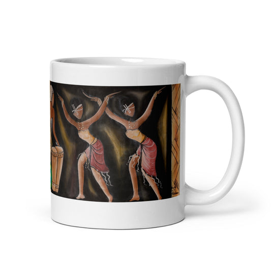 RwandaRenaissance Mug - Rhythmic Vibrance - Amaraba Dancers with Drummer. From an original oil painting by Diodey. Exclusive to RwandaRenaissance. 11 oz