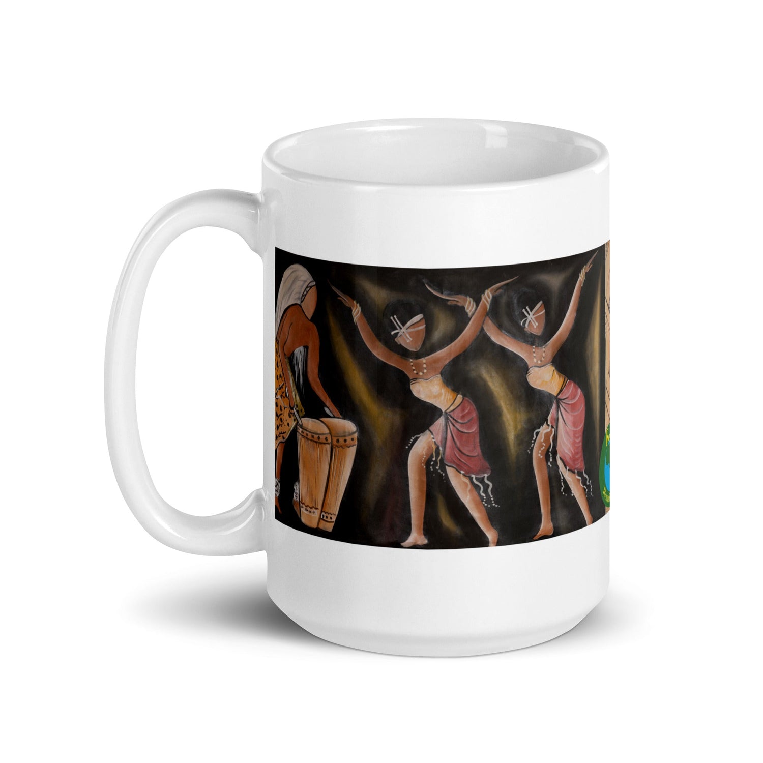 RwandaRenaissance Mug - Rhythmic Vibrance - Amaraba Dancers with Drummer. From an original oil painting by Diodey. Exclusive to RwandaRenaissance. 15 oz