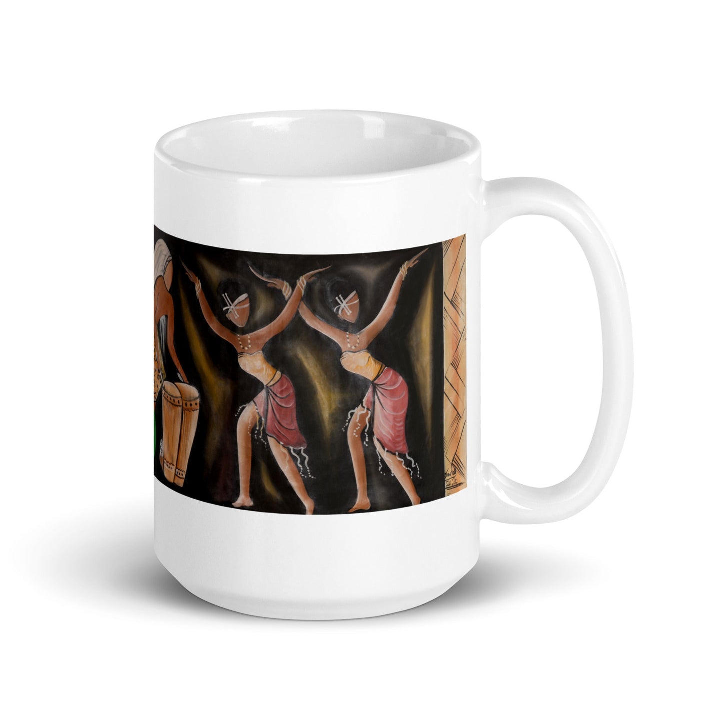 RwandaRenaissance Mug - Rhythmic Vibrance - Amaraba Dancers with Drummer. From an original oil painting by Diodey. Exclusive to RwandaRenaissance. 15 oz