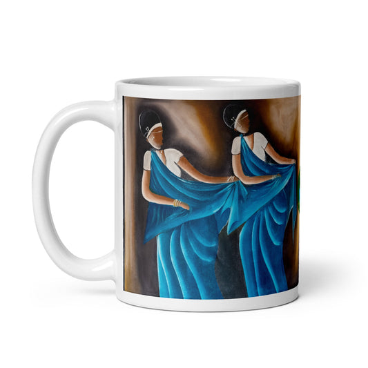 RwandaRenaissance Mug - Traditional Elegance - Blue Gowns Dancers From an original oil painting by Diodey. Exclusive to RwandaRenaissance. 11 oz