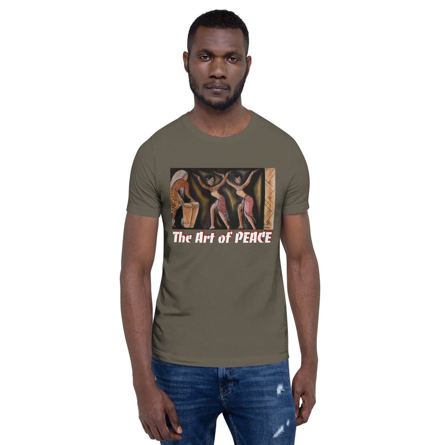 RwandaRenaissance T-Shirt - 'The Art of Peace' - Amaraba Dancers with Drummer. From an original oil painting by Diodey. Exclusive to RwandaRenaissance. Army