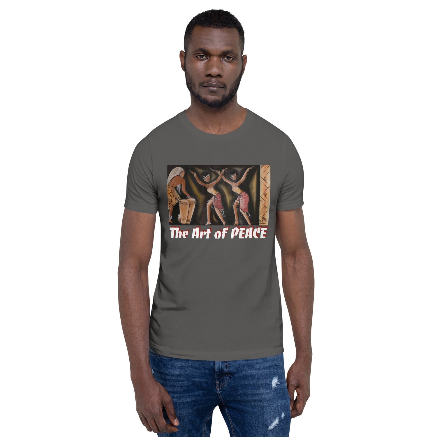 RwandaRenaissance T-Shirt - 'The Art of Peace' - Amaraba Dancers with Drummer. From an original oil painting by Diodey. Exclusive to RwandaRenaissance. Asphalt