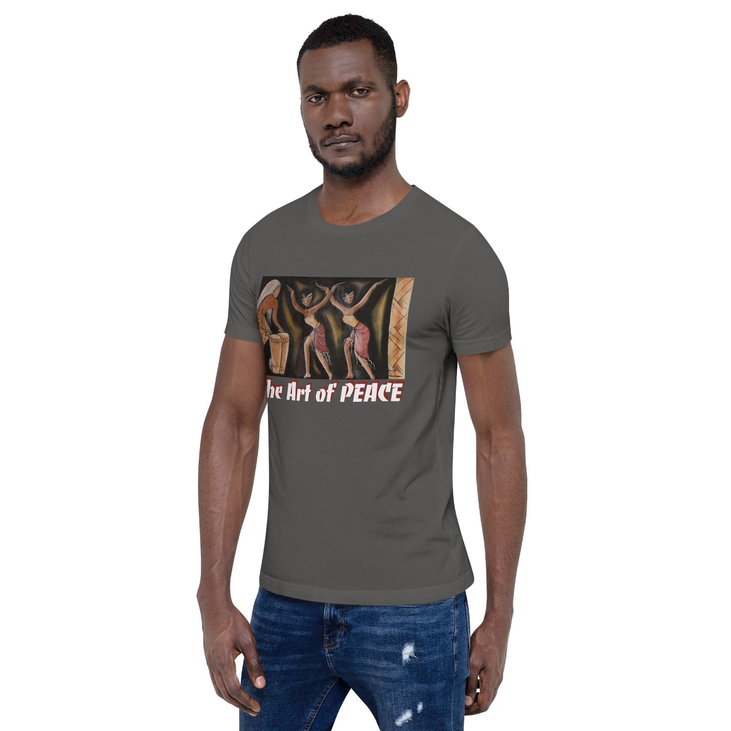 RwandaRenaissance T-Shirt - 'The Art of Peace' - Amaraba Dancers with Drummer. From an original oil painting by Diodey. Exclusive to RwandaRenaissance. Asphalt