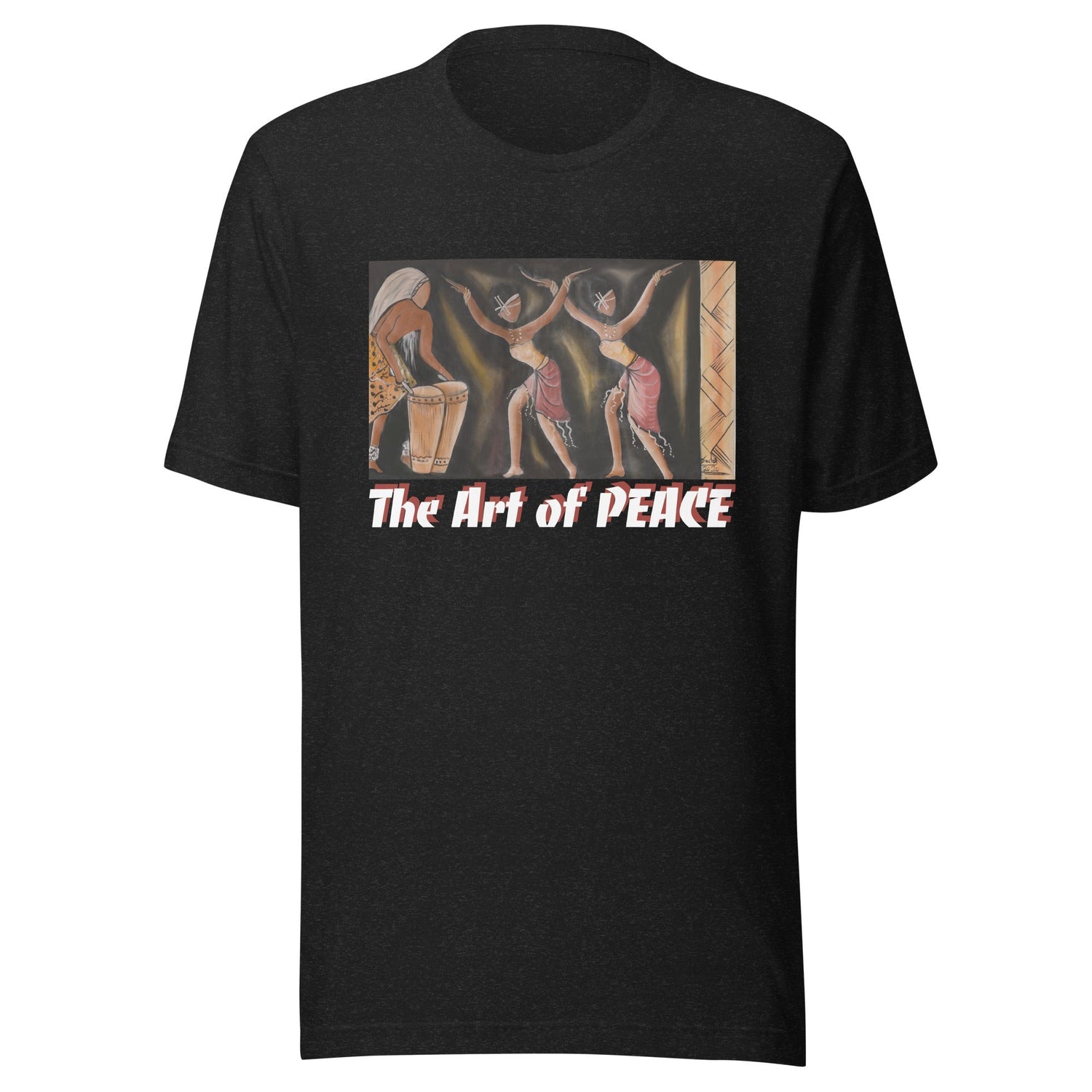 RwandaRenaissance T-Shirt - 'The Art of Peace' - Amaraba Dancers with Drummer. From an original oil painting by Diodey. Exclusive to RwandaRenaissance. Black Heather