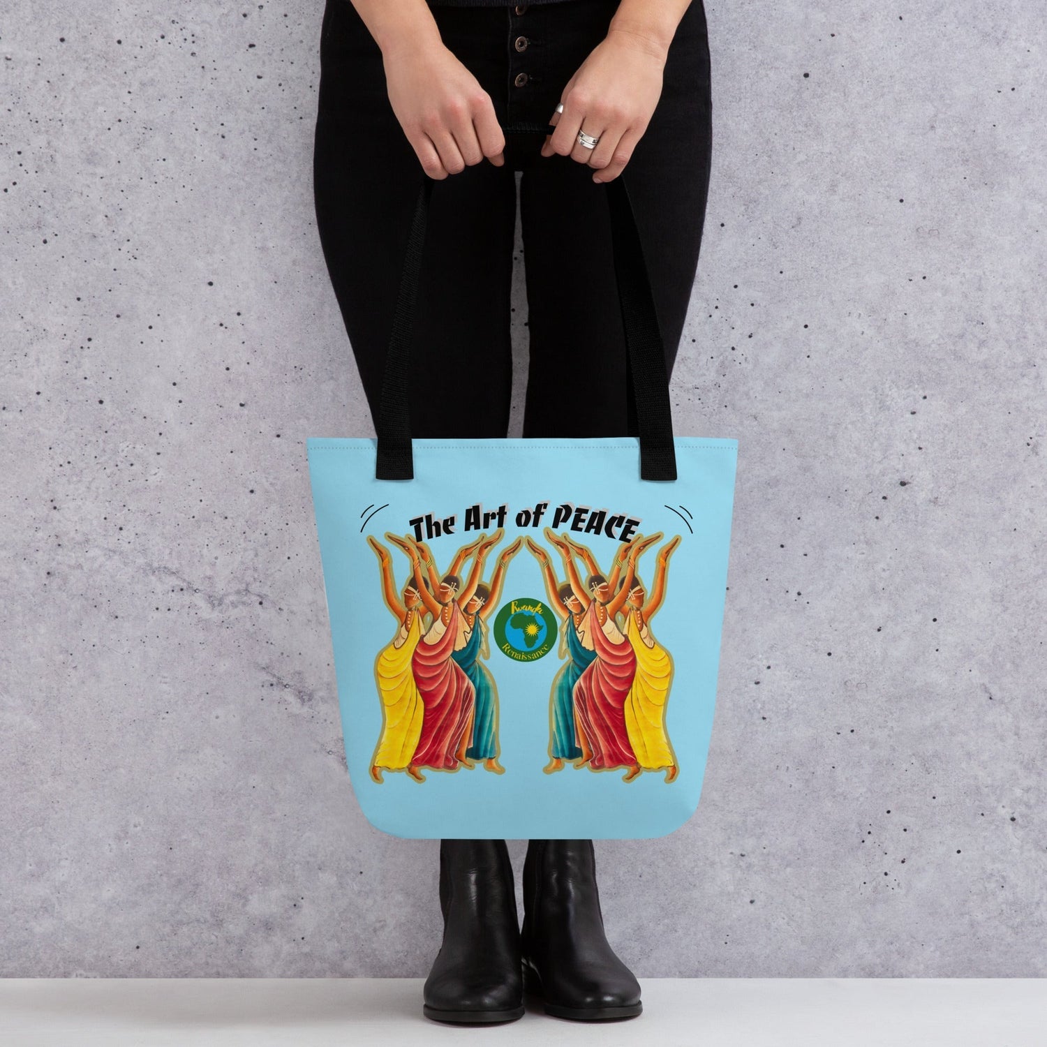 RwandaRenaissance Tote Bag - Angelic Amaraba Dancers - Elegance in Motion. From an original oil painting by Diodey. Exclusive to RwandaRenaissance - black handle