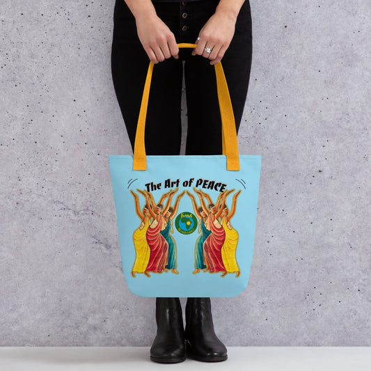 RwandaRenaissance Tote Bag - Angelic Amaraba Dancers - Elegance in Motion. From an original oil painting by Diodey. Exclusive to RwandaRenaissance - yellow handle