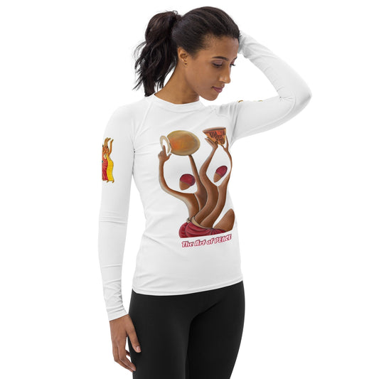 RwandaRenaissance Women's Rash Guard - Unity and Elegance featuring 'pot makers' from an original oil painting by Diodey. Exclusive to RwandaRenaissance