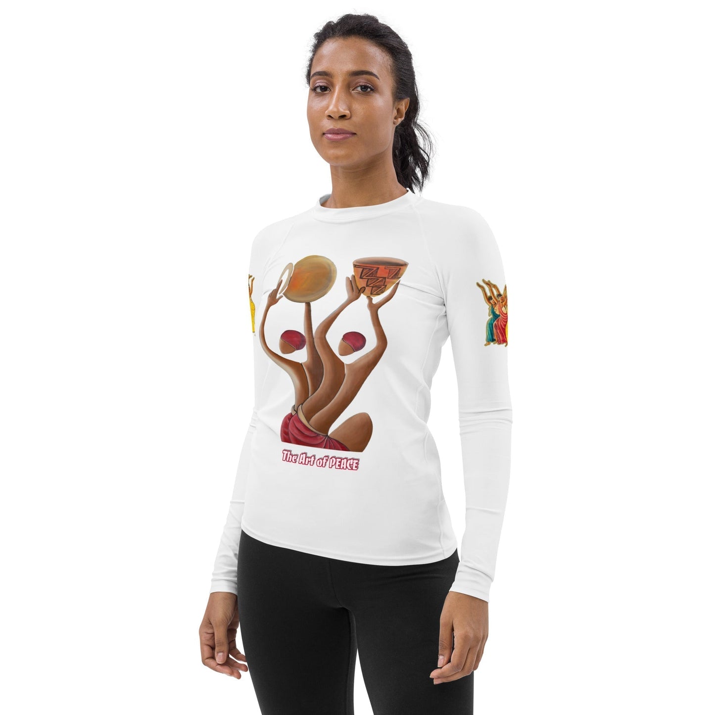 RwandaRenaissance Women's Rash Guard - Unity and Elegance featuring 'pot makers' from an original oil painting by Diodey. Exclusive to RwandaRenaissance