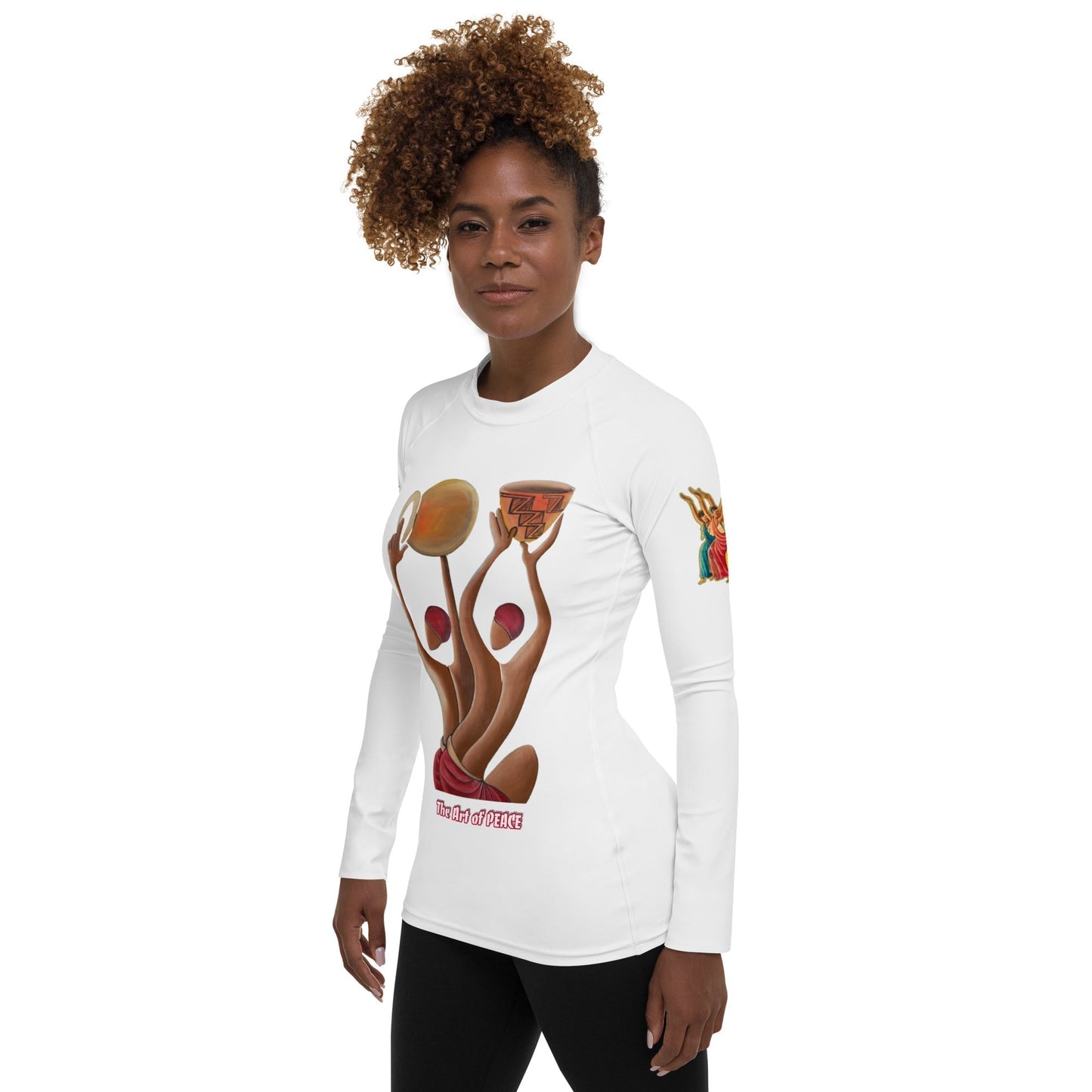 RwandaRenaissance Women's Rash Guard - Unity and Elegance featuring 'pot makers' from an original oil painting by Diodey. Exclusive to RwandaRenaissance